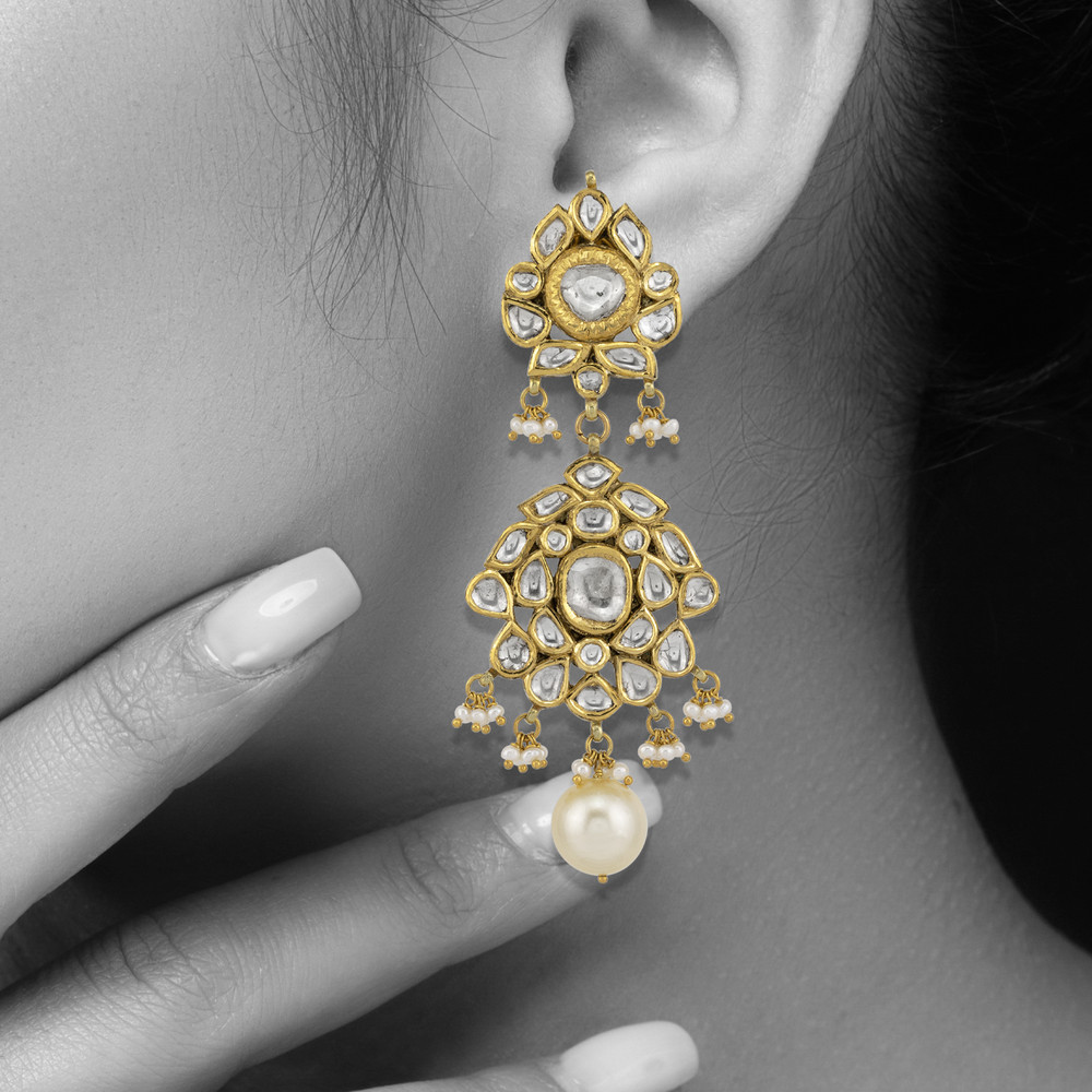 Floral Polki Earrings with Emerald Maniya and Pearl Beads